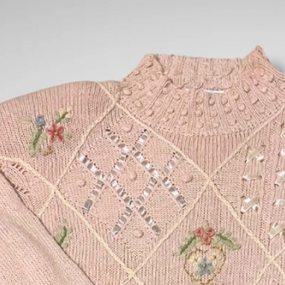 VTG Ribbon Knit Embroidered Sweater | Cottagecore Pink Floral | Laura Gayle M - Picture 2 of 10
